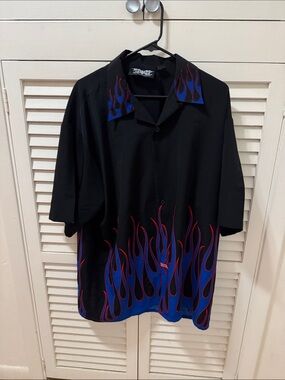 Black Button-Down Flame Print Shirt with Blue & Red Accents - Unknown Brand
